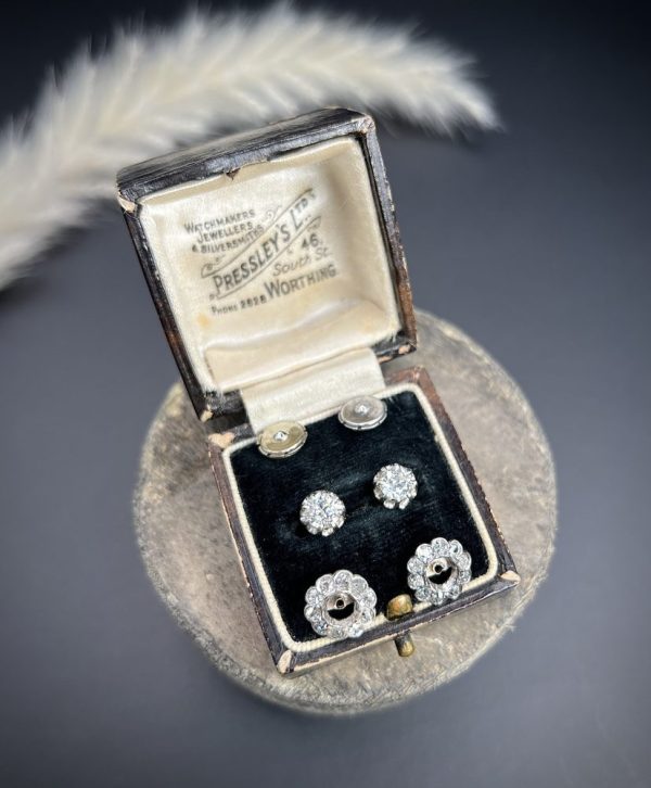 Antique Vintage Art Deco 1.60ct Diamond Solitaire Cluster Changeable Stud Earrings in Platinum with Alpha Back Fittings