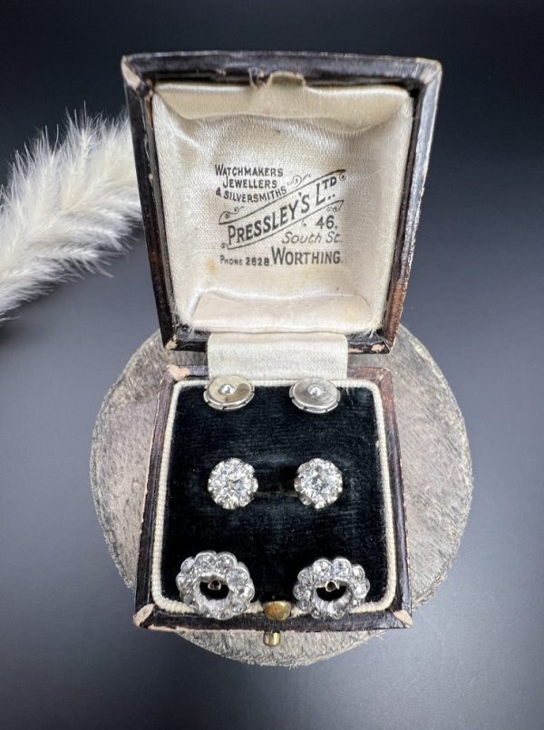Antique Vintage Art Deco 1.60ct Diamond Solitaire Cluster Changeable Stud Earrings in Platinum with Alpha Back Fittings