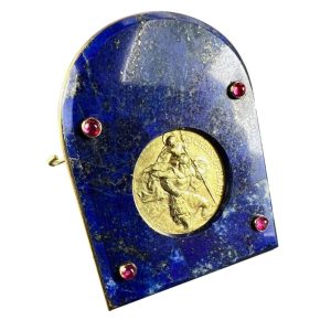 Cartier Becker 18 Carat Yellow Gold St Christopher In Lapis Lazuli And Ruby Frame