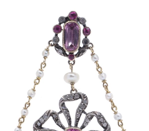 Edwardian gold and silver pendant with diamonds, pearls and pink paste stones.