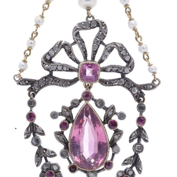 Edwardian gold and silver pendant with diamonds, pearls and pink paste stones.