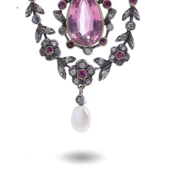 Edwardian gold and silver pendant with diamonds, pearls and pink paste stones.