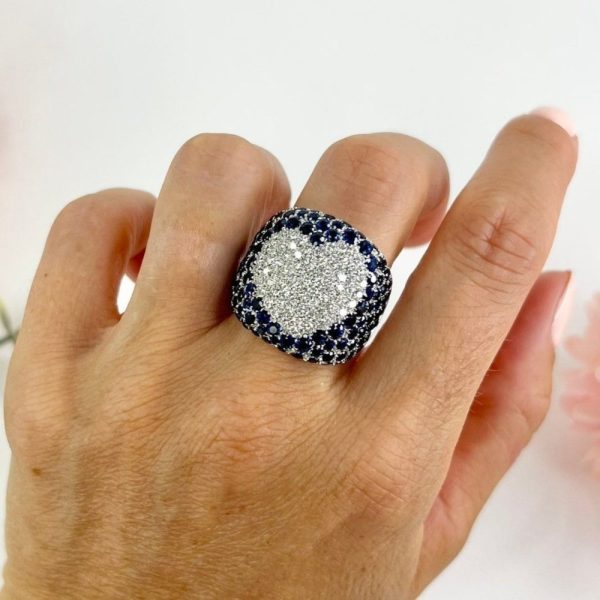 Vintage 5.25ct Sapphire and 1.10ct Diamond Heart Cluster Bombe Statement Ring in 18ct White Gold, Circa 1980s. By Italian Designer Pasquale Bruni. French Paris Owl 75 Hallmark