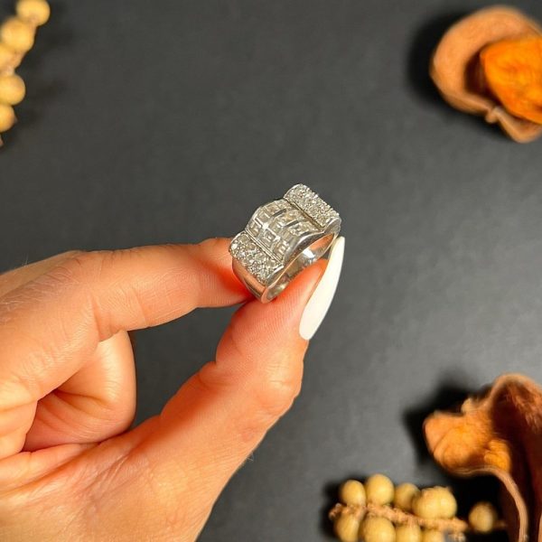 Vintage 1940 diamond cocktail dress ring tank style platinum wide