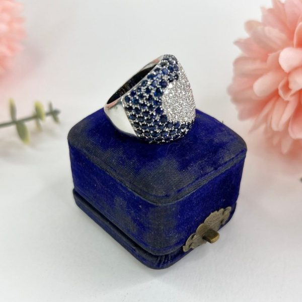Vintage 5.25ct Sapphire and 1.10ct Diamond Heart Cluster Bombe Statement Ring in 18ct White Gold, Circa 1980s. By Italian Designer Pasquale Bruni. French Paris Owl 75 Hallmark