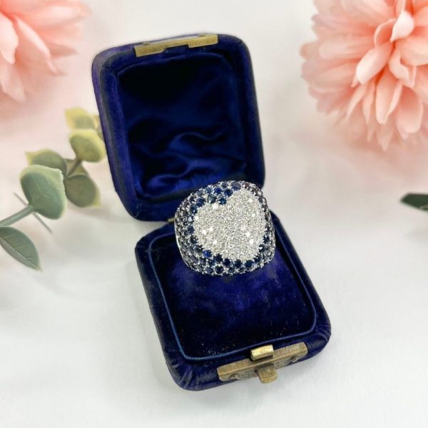 Vintage 5.25ct Sapphire and 1.10ct Diamond Heart Cluster Bombe Statement Ring in 18ct White Gold, Circa 1980s. By Italian Designer Pasquale Bruni. French Paris Owl 75 Hallmark