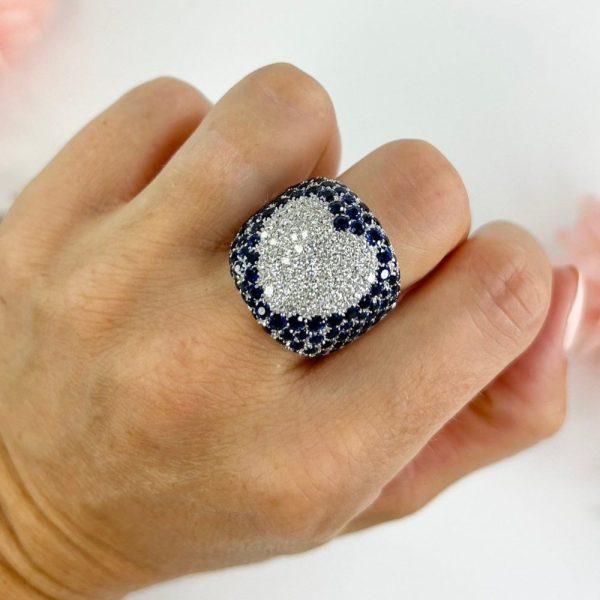 Vintage 5.25ct Sapphire and 1.10ct Diamond Heart Cluster Bombe Statement Ring in 18ct White Gold, Circa 1980s. By Italian Designer Pasquale Bruni. French Paris Owl 75 Hallmark
