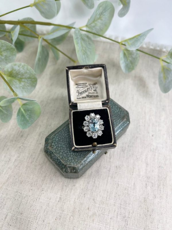 Antique French Art Deco Oval Aquamarine and 3ct Old Cut Diamond Floral Cluster Ring in 18ct White Gold