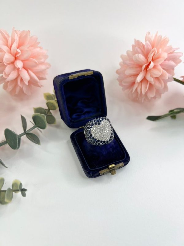 Vintage 5.25ct Sapphire and 1.10ct Diamond Heart Cluster Bombe Statement Ring in 18ct White Gold, Circa 1980s. By Italian Designer Pasquale Bruni. French Paris Owl 75 Hallmark