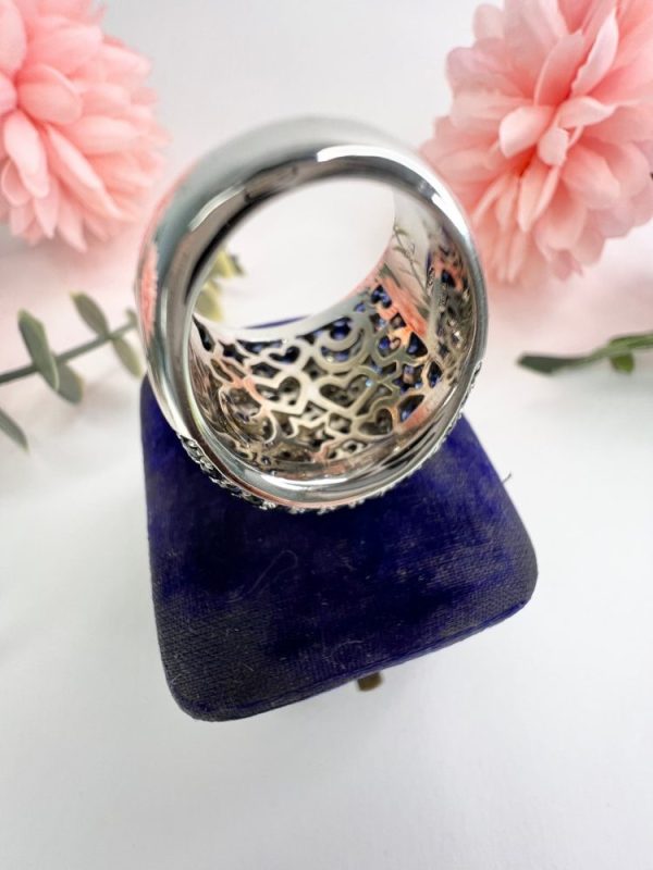 Vintage 5.25ct Sapphire and 1.10ct Diamond Heart Cluster Bombe Statement Ring in 18ct White Gold, Circa 1980s. By Italian Designer Pasquale Bruni. French Paris Owl 75 Hallmark