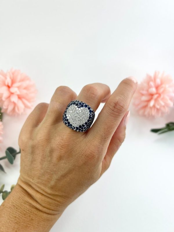 Vintage 5.25ct Sapphire and 1.10ct Diamond Heart Cluster Bombe Statement Ring in 18ct White Gold, Circa 1980s. By Italian Designer Pasquale Bruni. French Paris Owl 75 Hallmark