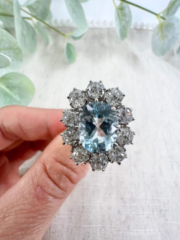 Antique French Art Deco Oval Aquamarine and 3ct Old Cut Diamond Floral Cluster Ring in 18ct White Gold