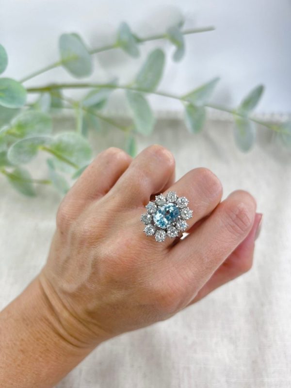 Antique French Art Deco Oval Aquamarine and 3ct Old Cut Diamond Floral Cluster Ring in 18ct White Gold