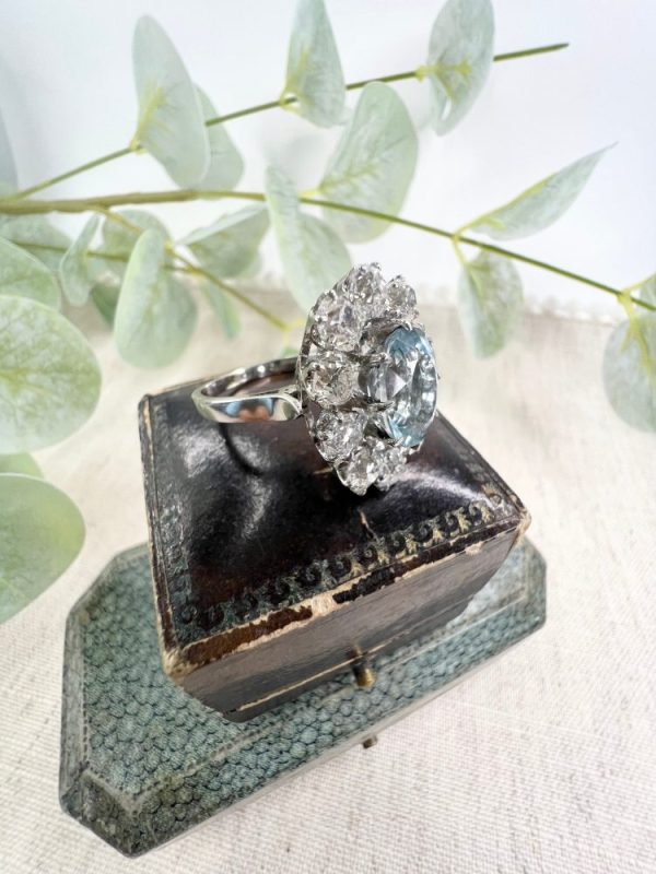 Antique French Art Deco Oval Aquamarine and 3ct Old Cut Diamond Floral Cluster Ring in 18ct White Gold