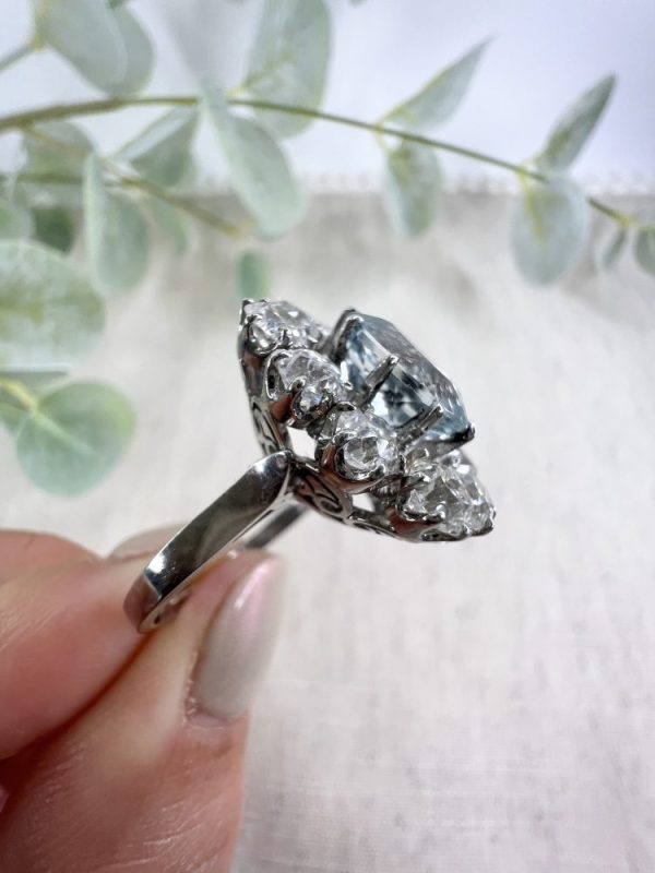 Antique French Art Deco Oval Aquamarine and 3ct Old Cut Diamond Floral Cluster Ring in 18ct White Gold