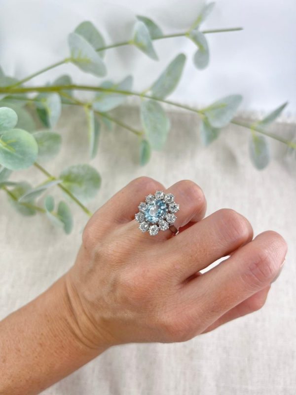 Antique French Art Deco Oval Aquamarine and 3ct Old Cut Diamond Floral Cluster Ring in 18ct White Gold