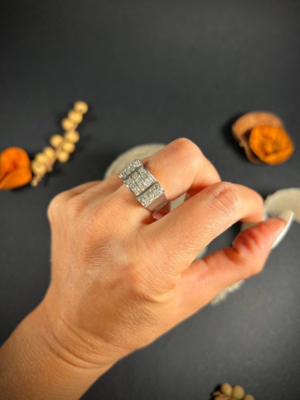 Vintage wide ring on finger diamond and platinum