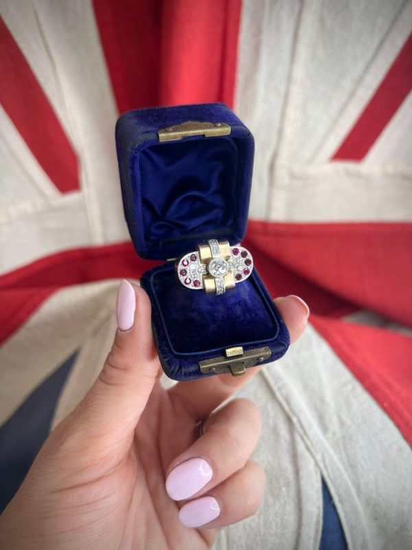 Art Deco French Diamond and Ruby Bow Cluster Statement Cocktail Ring in 18ct yellow gold. Circa 1920s