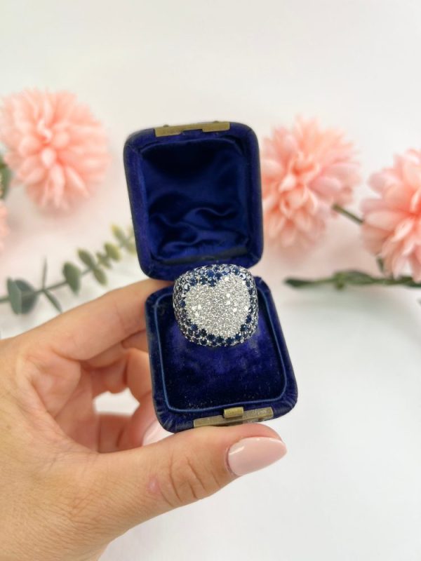 Vintage 5.25ct Sapphire and 1.10ct Diamond Heart Cluster Bombe Statement Ring in 18ct White Gold, Circa 1980s. By Italian Designer Pasquale Bruni. French Paris Owl 75 Hallmark