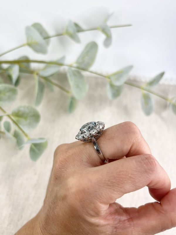Antique French Art Deco Oval Aquamarine and 3ct Old Cut Diamond Floral Cluster Ring in 18ct White Gold