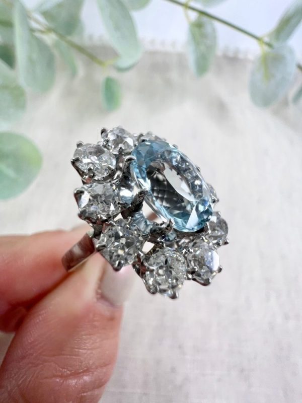 Antique French Art Deco Oval Aquamarine and 3ct Old Cut Diamond Floral Cluster Ring in 18ct White Gold