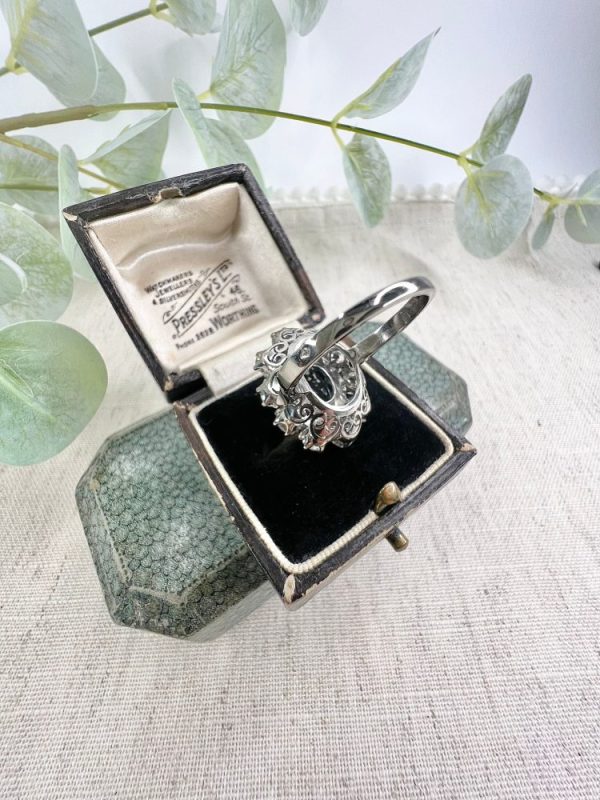 Antique French Art Deco Oval Aquamarine and 3ct Old Cut Diamond Floral Cluster Ring in 18ct White Gold