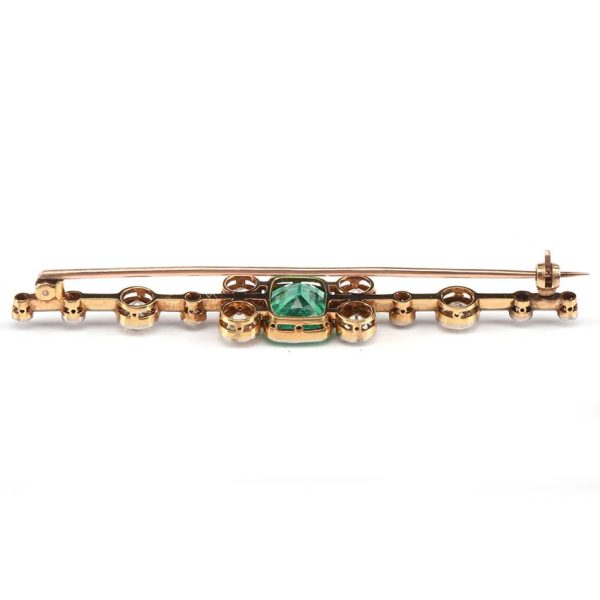 Antique Certified 3.10ct Colombian Emerald and 2ct Old Cut Diamond Bar Brooch with Certificate