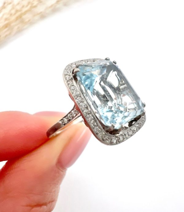 Vintage aquamarine and diamond ring in platinum.