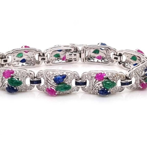 Multi Gemstone Sapphire Ruby Emerald and 4.50ct Diamond Tutti Frutti Bracelet in 18ct White gold, each diamond panel with hand carved cabochon Emerald, Ruby and Sapphire in leaf design