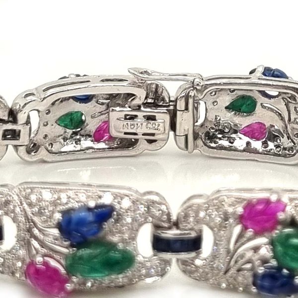 Multi Gemstone Sapphire Ruby Emerald and 4.50ct Diamond Tutti Frutti Bracelet in 18ct White gold, each diamond panel with hand carved cabochon Emerald, Ruby and Sapphire in leaf design