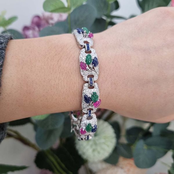 Multi Gemstone Sapphire Ruby Emerald and 4.50ct Diamond Tutti Frutti Bracelet in 18ct White gold, each diamond panel with hand carved cabochon Emerald, Ruby and Sapphire in leaf design