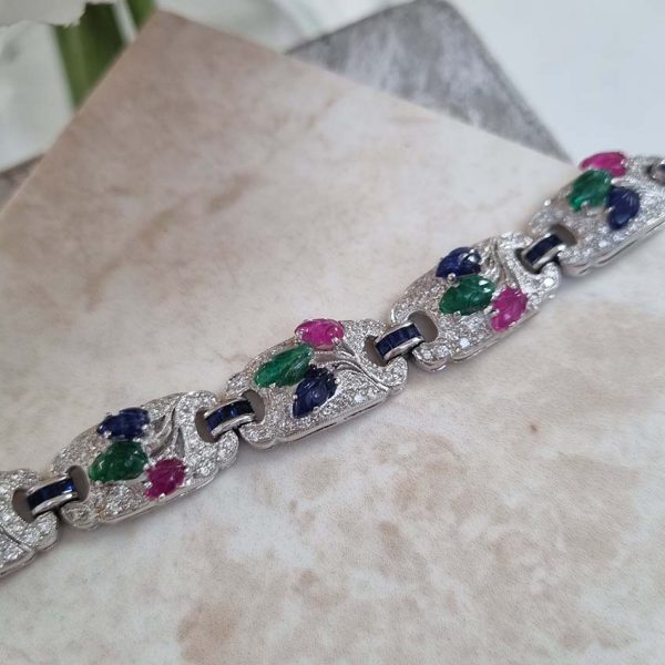 Multi Gemstone Sapphire Ruby Emerald and 4.50ct Diamond Tutti Frutti Bracelet in 18ct White gold, each diamond panel with hand carved cabochon Emerald, Ruby and Sapphire in leaf design