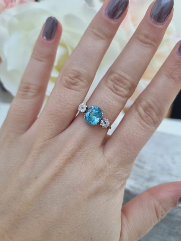 Vintage Blue Zircon and Diamond Three Stone Trilogy Ring in Platinum