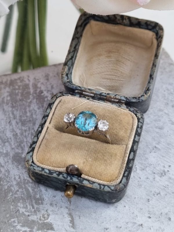 Vintage Blue Zircon and Diamond Three Stone Trilogy Ring in Platinum