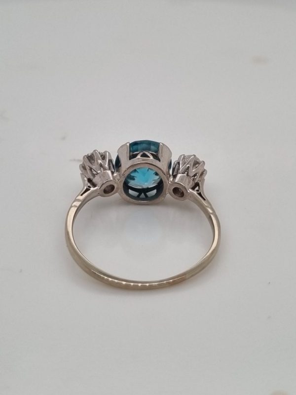 Vintage Blue Zircon and Diamond Three Stone Trilogy Ring in Platinum