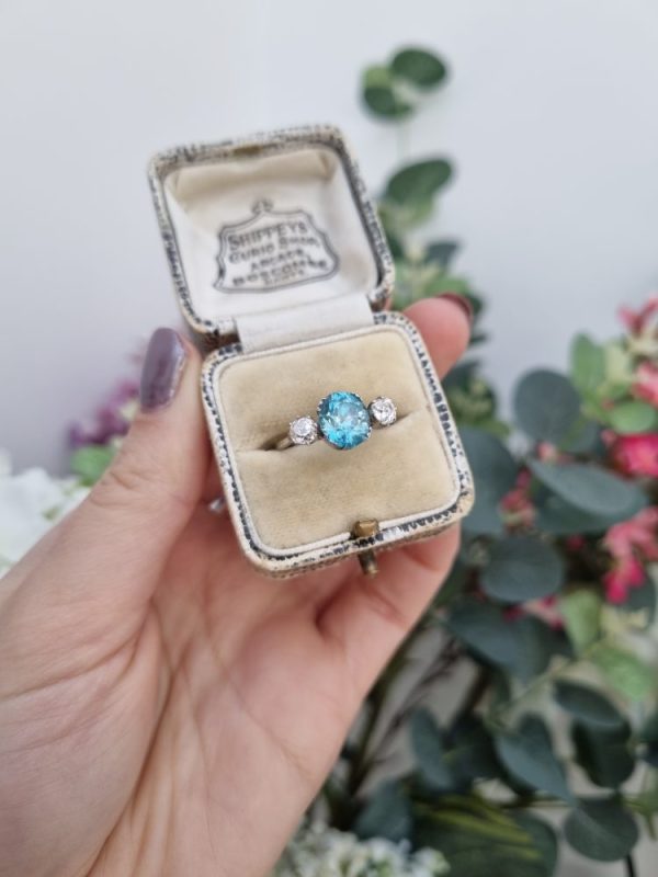 Vintage Blue Zircon and Diamond Three Stone Trilogy Ring in Platinum