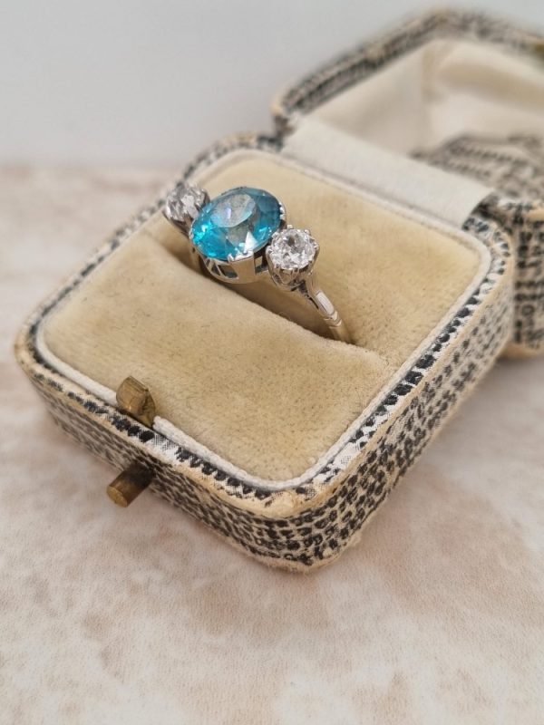 Vintage Blue Zircon and Diamond Three Stone Trilogy Ring in Platinum