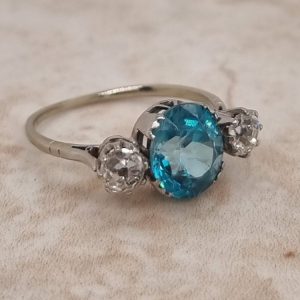 Art Deco Vintage Blue Zircon and Diamond Three Stone Trilogy Ring in Platinum