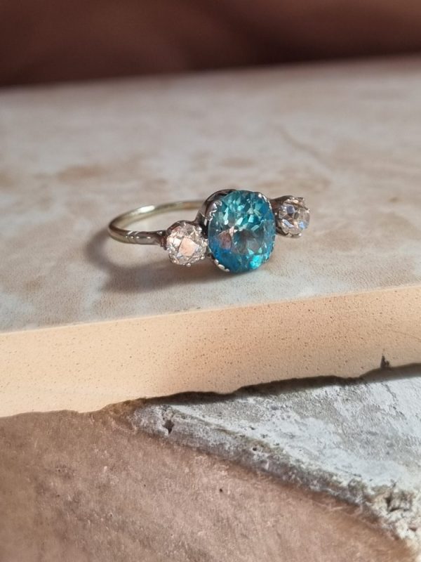 Vintage Blue Zircon and Diamond Three Stone Trilogy Ring in Platinum