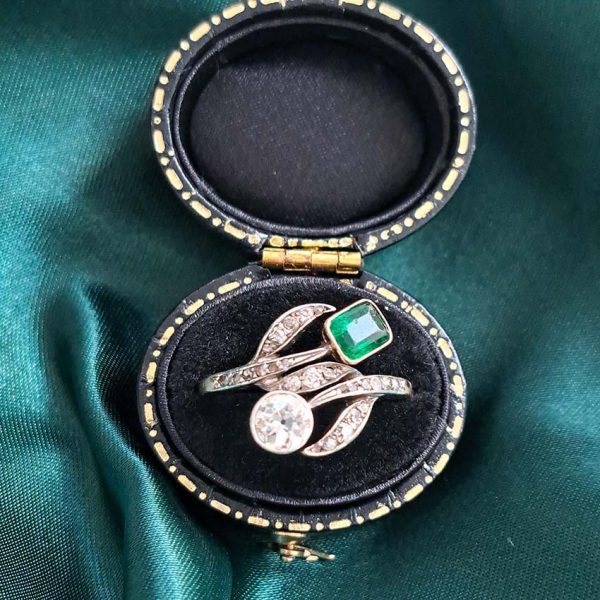 Art Nouveau Antique Emerald and Diamond Dress Ring, stunning antique old cut diamond and emerald ring from the decorative Art Nouveau era in 18ct gold