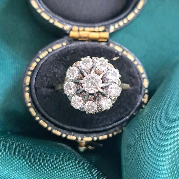 Victorian Antique Old Cut Diamond Cluster Engagement Ring, set with old mine-cut diamonds in 18ct yellow gold
