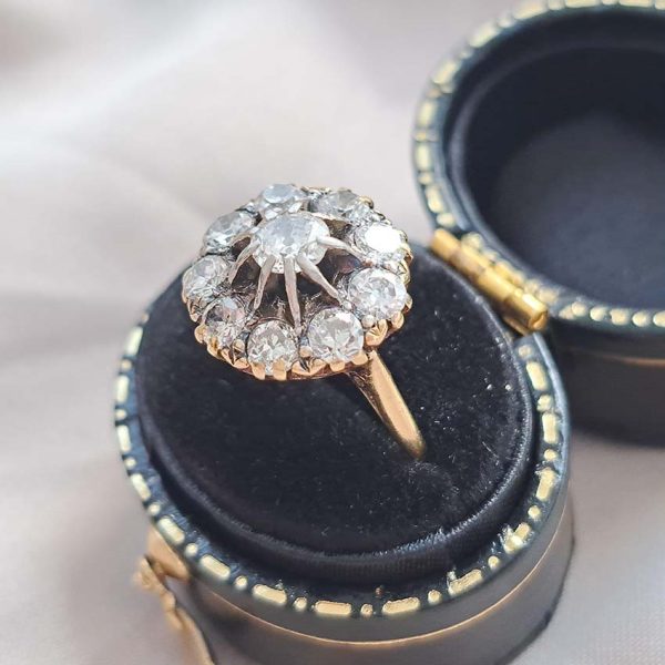 Victorian Antique Old Cut Diamond Cluster Engagement Ring, set with old mine-cut diamonds in 18ct yellow gold