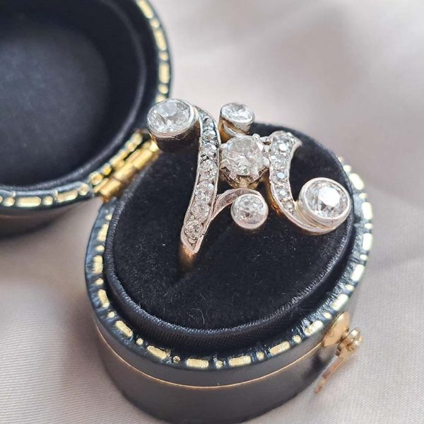 Victorian Antique Old Cut Diamond Ring, central old cut diamond set within curved diamond-set shoulders with larger diamond accents