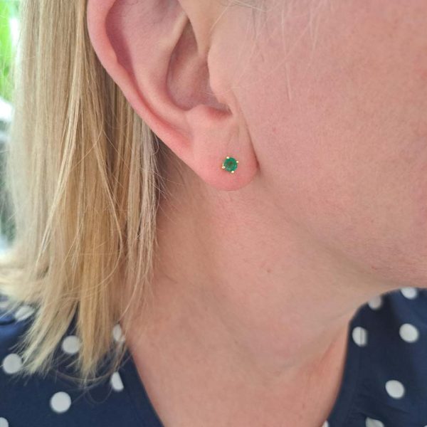 0.70ct Emerald Solitaire Stud Earrings in 18ct Gold, single stone round emeralds claw set and mounted in 18ct yellow gold with post and butterfly fittings