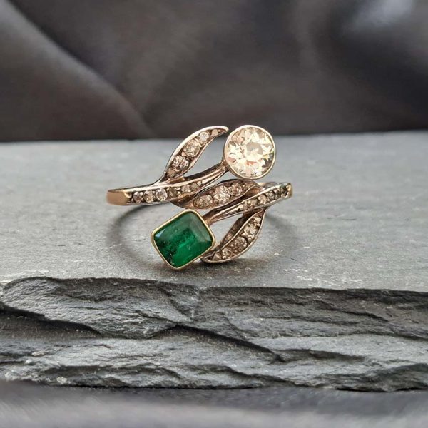 Art Nouveau Antique Emerald and Diamond Dress Ring, stunning antique old cut diamond and emerald ring from the decorative Art Nouveau era in 18ct gold
