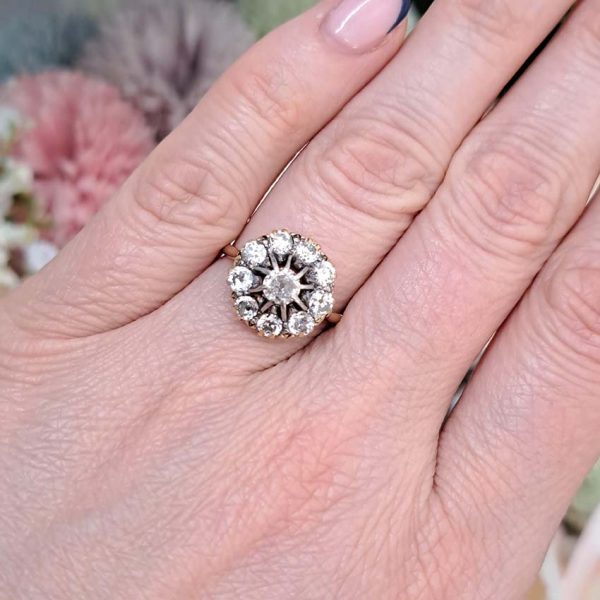 Victorian Antique Old Cut Diamond Cluster Engagement Ring, set with old mine-cut diamonds in 18ct yellow gold