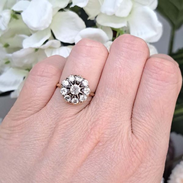Victorian Antique Old Cut Diamond Cluster Engagement Ring, set with old mine-cut diamonds in 18ct yellow gold