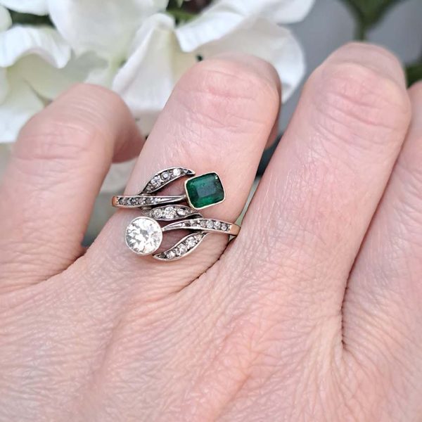 Art Nouveau Antique Emerald and Diamond Dress Ring, stunning antique old cut diamond and emerald ring from the decorative Art Nouveau era in 18ct gold