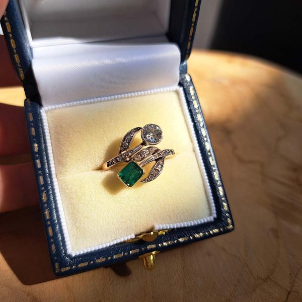 Art Nouveau Antique Emerald and Diamond Dress Ring, stunning antique old cut diamond and emerald ring from the decorative Art Nouveau era in 18ct gold