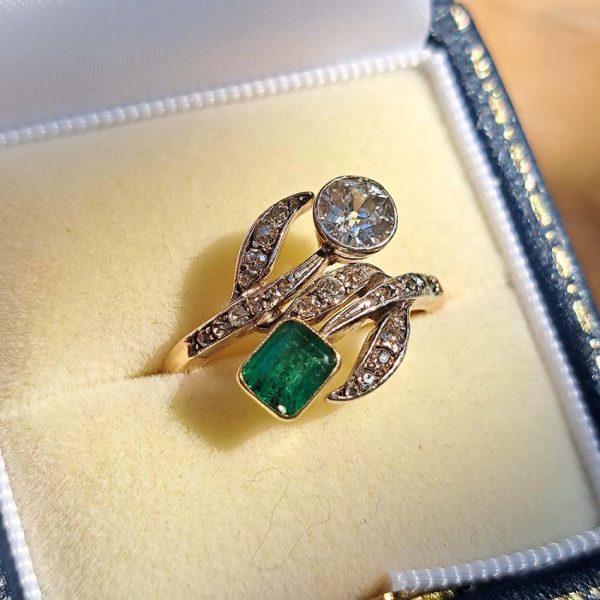 Art Nouveau Antique Emerald and Diamond Dress Ring, stunning antique old cut diamond and emerald ring from the decorative Art Nouveau era in 18ct gold